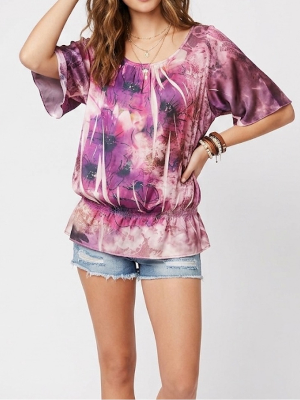Jaclyn Smith Women’s Y2K 2000s Purple Floral Tie-Dye Peplum Blouson Top Size XL